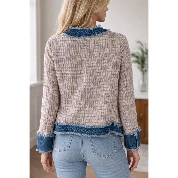 Nanette Lepore New Pink Tweed Jacket with Fringe Denim Trims Size M - Picture 3 of 7